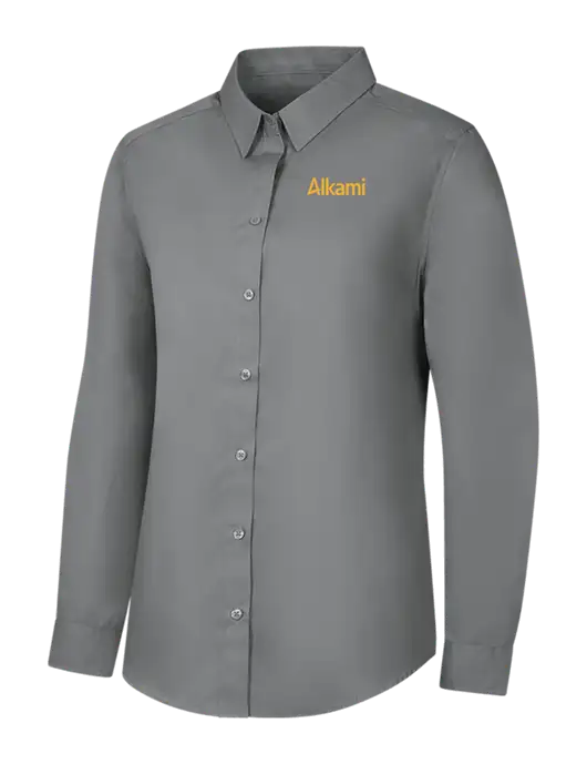 Womens Medium Grey Long Sleeve Carefree Poplin Shirt w/Alkami Logo