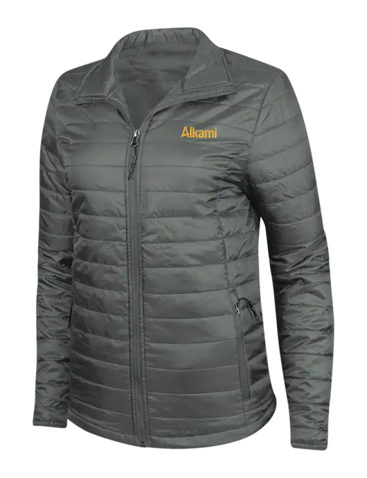 Dark Grey Womens Puffy Packable Jacket w/Alkami Logo