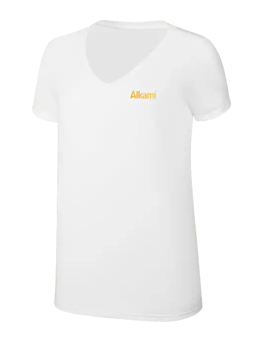 Womens Simply Soft V-Neck White 4.5oz  Poly/Combed Ring Spun Cotton T-Shirt w/Alkami Logo