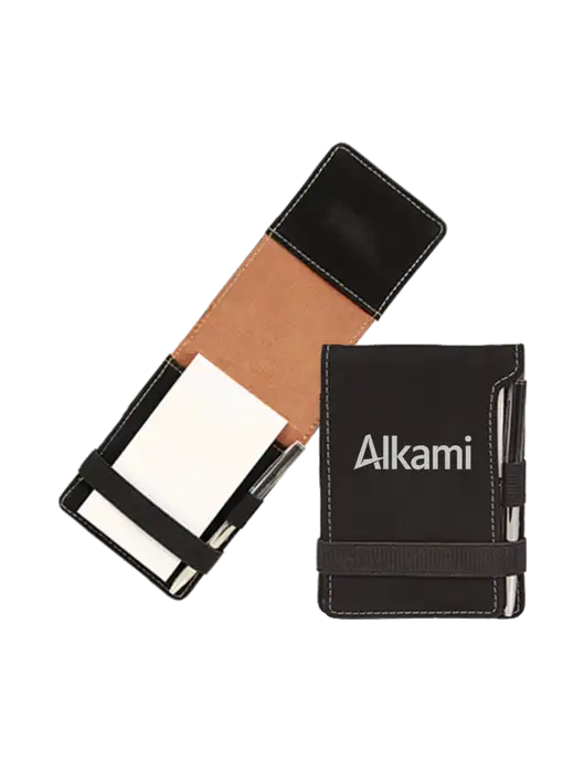 Black Leatherette Mini Notepad with Pen,  3.25 x 4.75 w/Alkami Logo