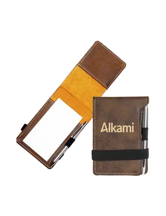 Rustic Leatherette Mini Notepad w/Pen, 3.25 x 4.75 w/Alkami Logo