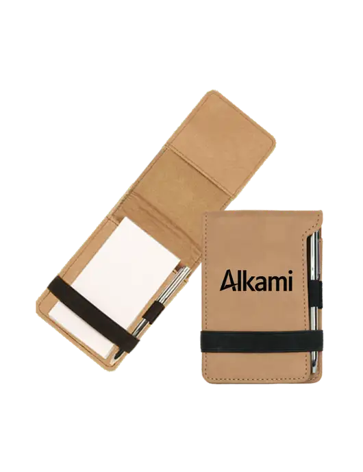 Tan Leatherette Mini Notepad with Pen,  3.25 x 4.75 w/Alkami Logo