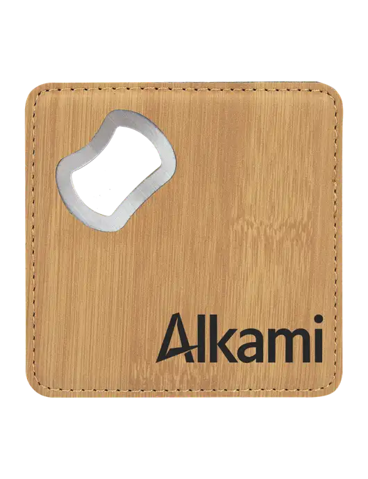 Bamboo Leatherette Coaster with Bottle Opener w/Alkami Logo
