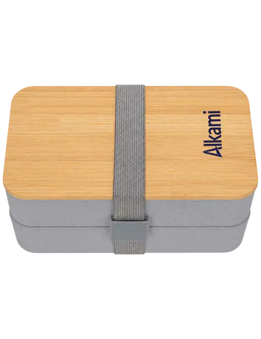 Double Decker Light Medium Grey Lunch Box w/Eco-Friendly FSC Bamboo Lid & Reusable Utensils w/Alkami Logo