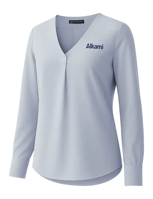 Brooks Brothers Womens Light Slate Blue Open-Neck Satin Blouse  w/Alkami Logo