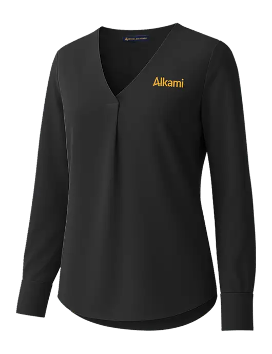 Brooks Brothers Womens Black Open-Neck Satin Blouse  w/Alkami Logo