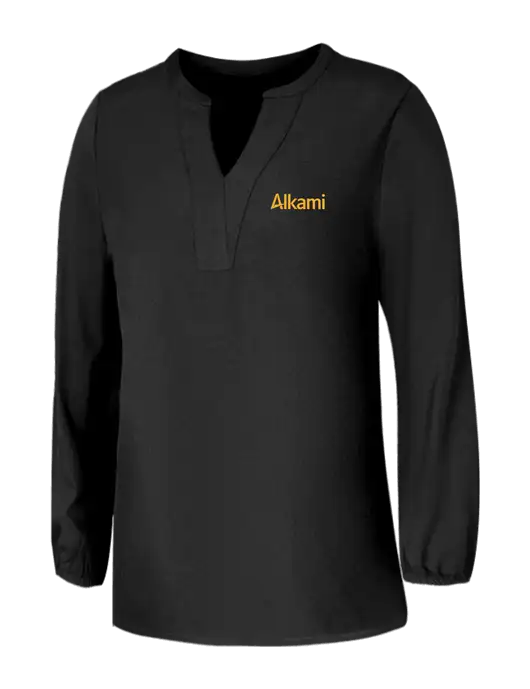 Mercer+Mettle Womens Deep Black Stretch Crepe 3/4 Sleeve Blouse w/Alkami Logo
