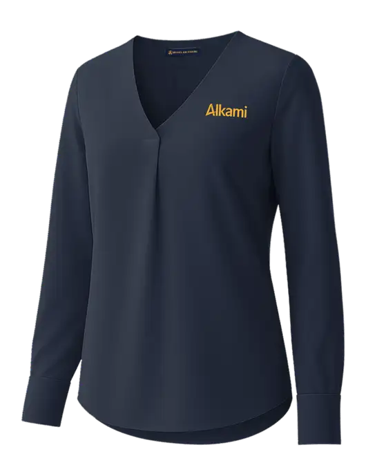 Brooks Brothers Womens Dark Navy Open-Neck Satin Blouse  w/Alkami Logo