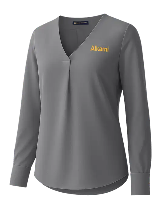 Brooks Brothers Womens Medium Grey Open-Neck Satin Blouse  w/Alkami Logo