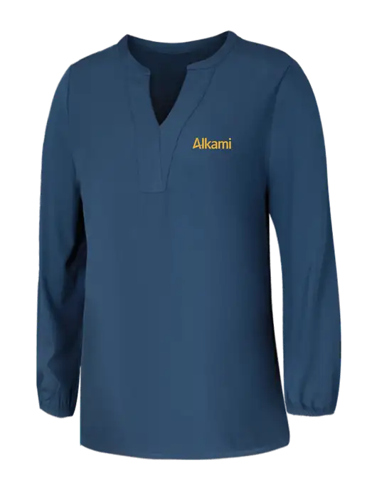 Mercer+Mettle Womens Light Navy Blue Grey Stretch Crepe 3/4 Sleeve Blouse w/Alkami Logo