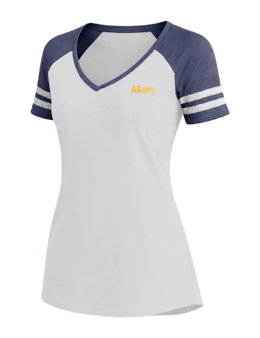Womens White/Navy Heather V-Neck Game Tee w/Alkami Logo