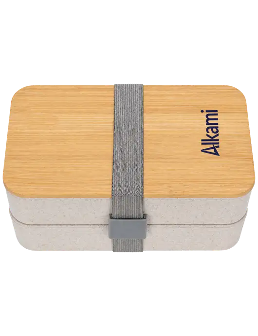 Double Decker Natural Ivory Lunch Box w/Eco-Friendly FSC Bamboo Lid & Reusable Utensils w/Alkami Logo
