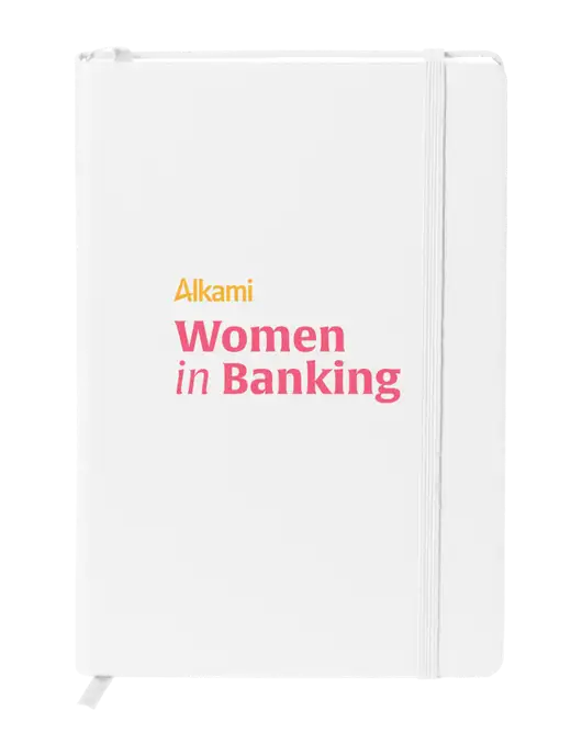 Neoskin White Hard Cover Journal 5.75 x 8.375
 w/Women in Banking Logo