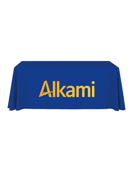 6' Stain-Resistant 4-Sided Dark Royal Table Cover w/Alkami Logo